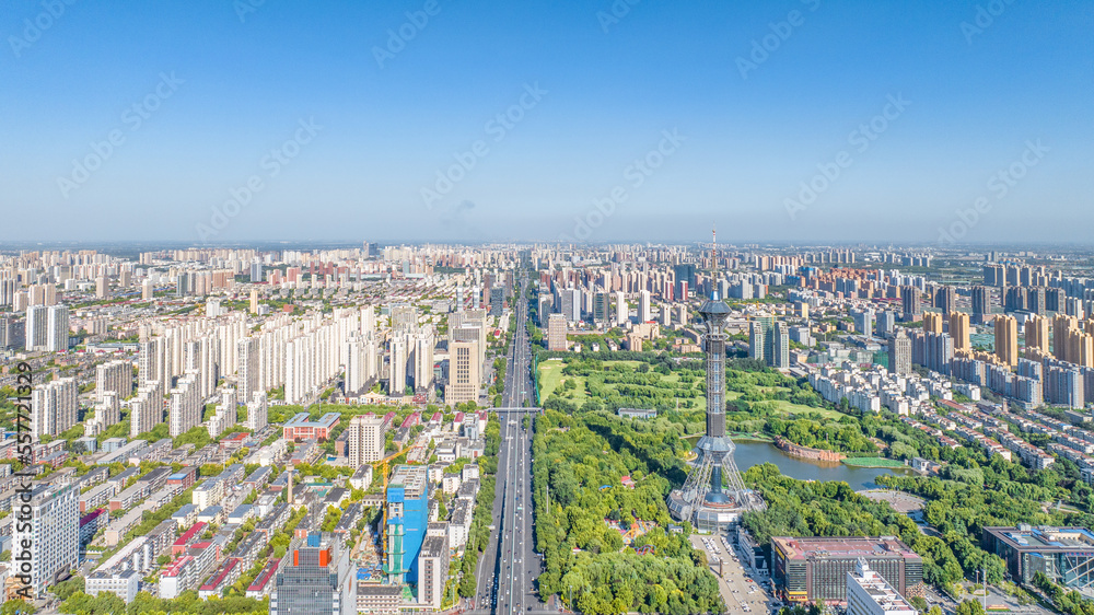 Aerial shot of Shijiazhuang TV Tower, Century Park and Golf Club, Shijiazhuang City, Hebei Province, China Aerial shot of Shijiazhuang TV Tower, Century Park and Golf Club, Shijiazhuang City, Hebei Province, China
