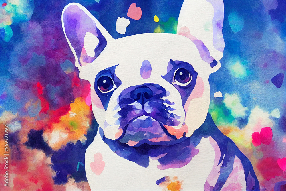 a cute artist Pug dog portrait with a paint palette, brushes and paints