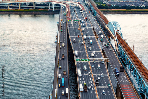 Aerial view of an expressway bridge in Odaiba, Tokyo, Japan