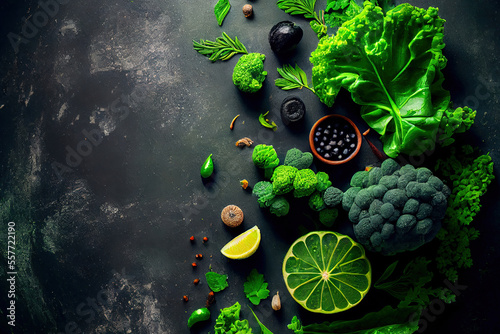 Green food background on stone table