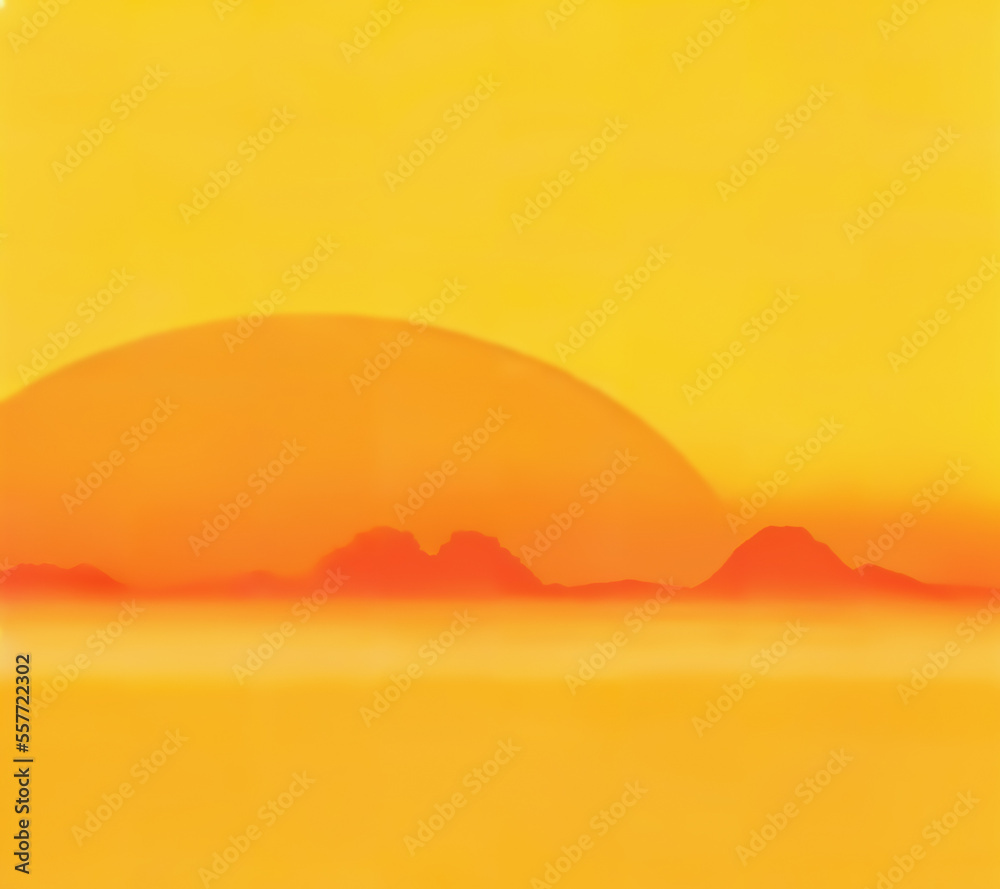 Blurry defocused illustration of the sunset in the desert (huge gigantic sun), with curvy sand dunes, a large orange sky, a red mountain range.
