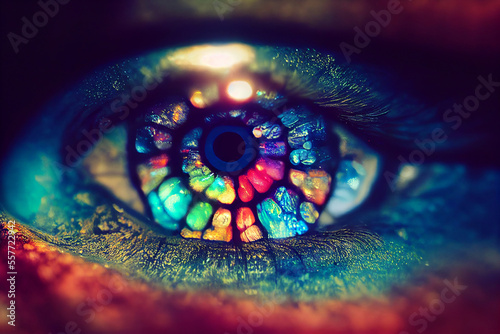 close macro photo shot of an eye of an elf girl  magic is seen deep inside