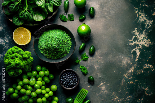 Green food background on stone table