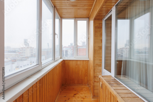 interior decoration of the interior of the balcony of a residential apartment. view from the balcony.