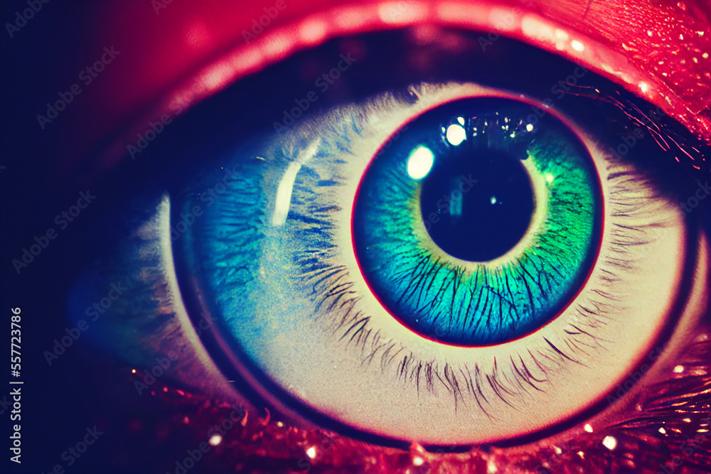 close macro photo shot of an eye of an elf girl, magic is seen deep inside