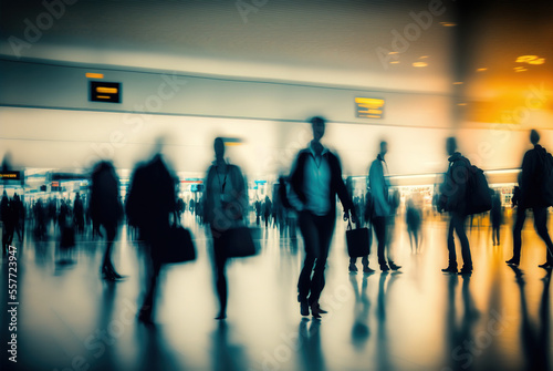 Hurry business people on a airport, motion blur - Generative AI photo