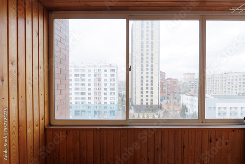 interior decoration of the interior of the balcony of a residential apartment. view from the balcony.