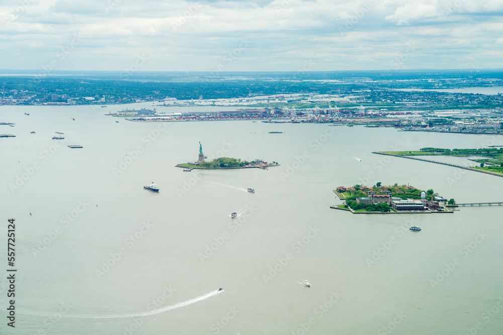 Liberty and Ellis Island National Museum of Immigration islands in the middle of Hudson River, New York, USA