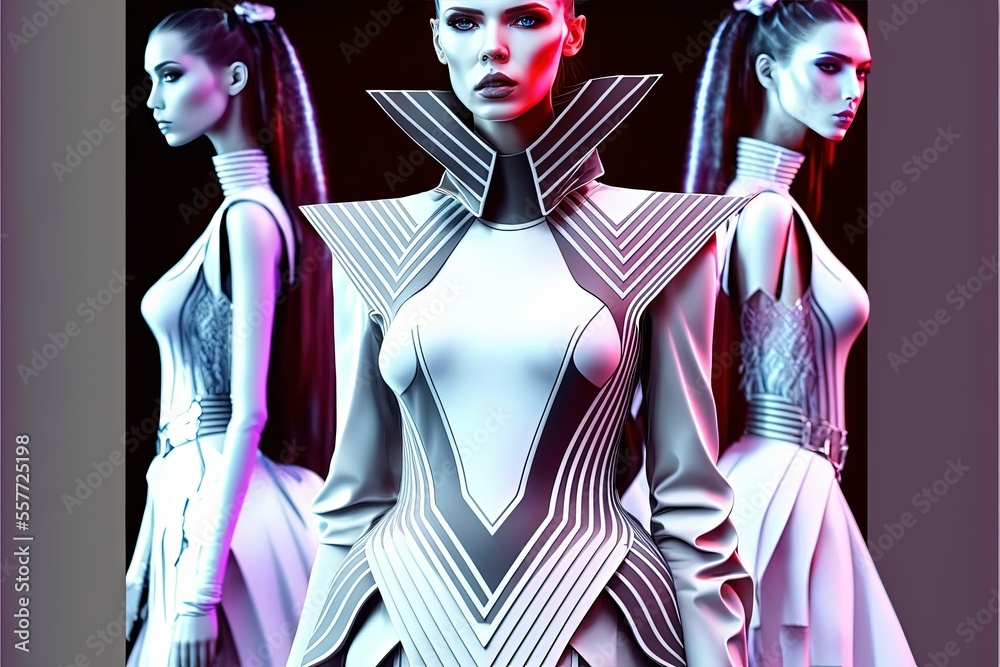 Premium Photo  Futuristic fashion show with beautiful women model and  futuristic outfit generative ai