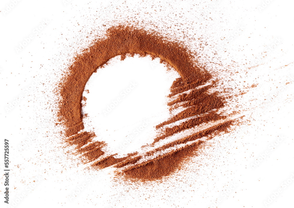 Cinnamon powder round pile isolated on white, top view
