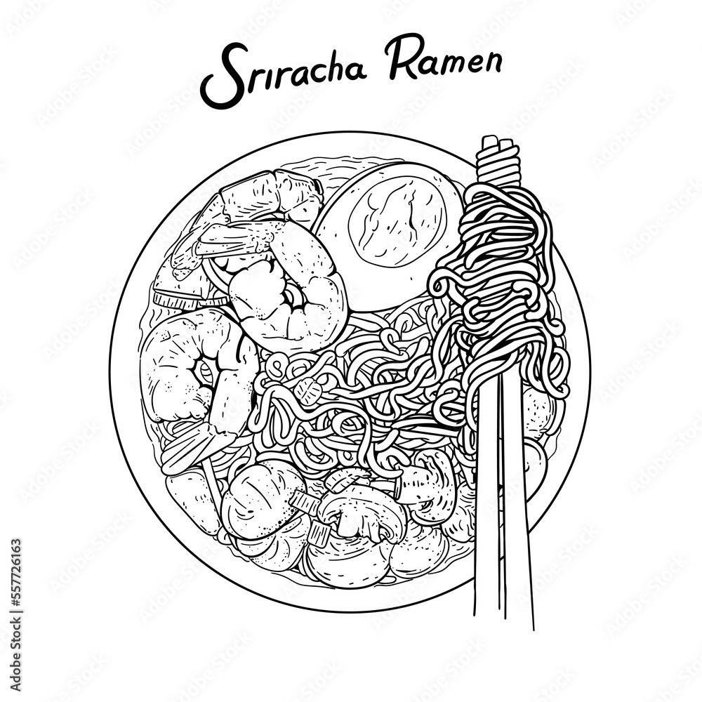 Illustration Hand Drawn Sriracha Ramen Noodle Illustration Hand Drawn Sriracha Ramen Noodle