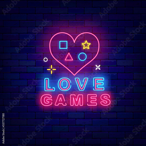 Love games neon banner. Light signboard. Heart with joystick icons. Glowing advertising. Vector stock illustration