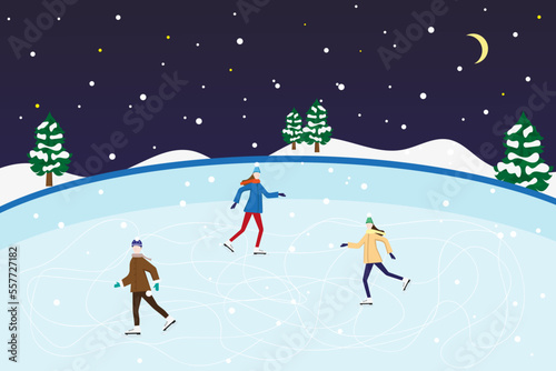 People are skating on a large ice rink on the street under the night starry sky, snow is falling. Winter holidays and winter sports and entertainment. Vector illustration