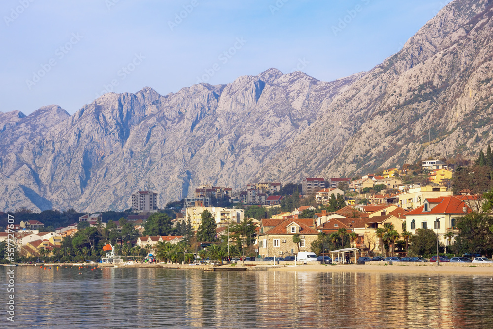 Beautiful winter Mediterranean landscape. Montenegro, Adriatic Sea. View of Bay of Kotor and  Dobrota town