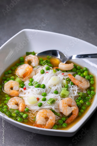 soup with shrimps, vegetables and rice nooodles