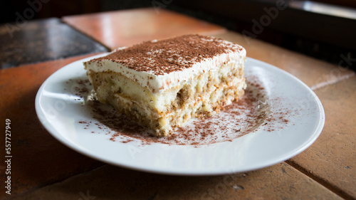 Italian tiramisu. Tiramisu is a cold cake that is assembled in layers. and has ingredients like cocoa, mascarpone and coffee.