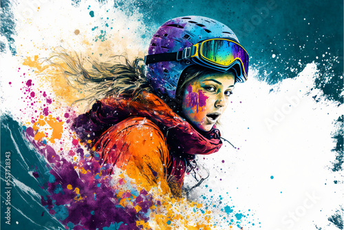 Snowboarding women girl jumping with snowboard, extreme winter sport, a fictional character, Generative AI
