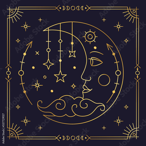 Moon crescent mystical golden stylized boho chic sign. Astrology, alchemy, esoteric, tarot, fortune telling and mysticism design element thin line vector illustration
