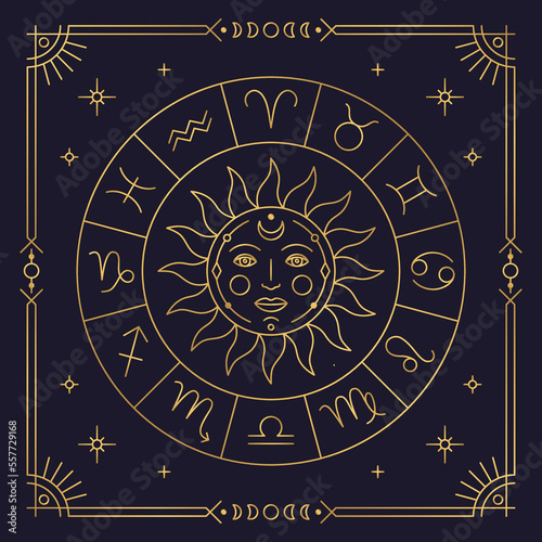 Astrology horoscope circle with golden stylized zodiac signs. Horoscope calendar with zodiac symbols. Witchcraft, magic astrological wheel thin line vector illustration on dark navy background