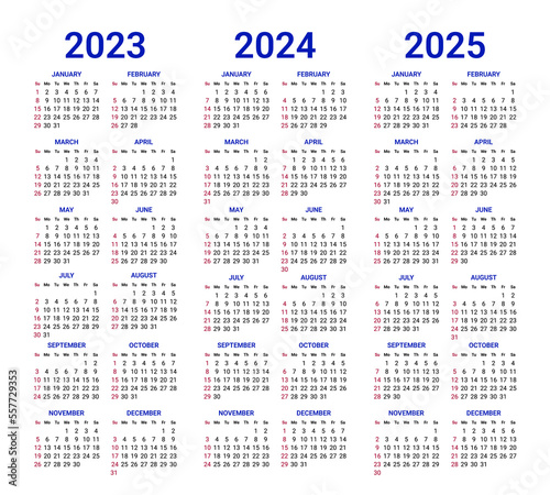 2023 to 2025 years calendar mockup design, week starts on Sunday. Simple year wall calendar template, corporate design planner template vector illustration