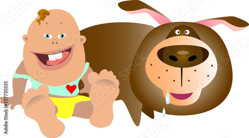 Baby and a big, fat and kind dog