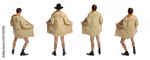 Collage with photos of exhibitionist in coat and hat on white background. Banner design photo