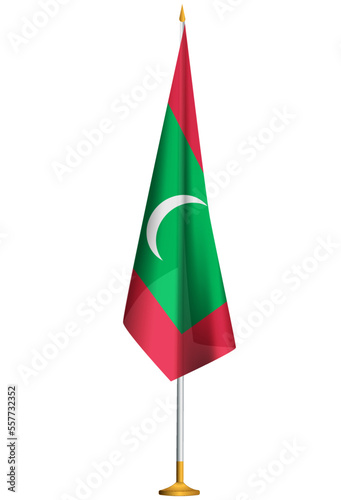 Isolated small national flag of Maldives vector with golden flagpole.Standing miniature flag of Maldives