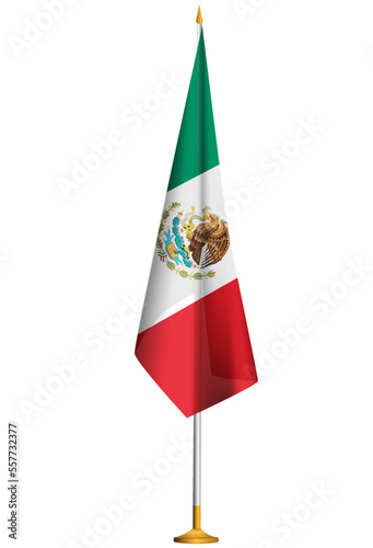 Isolated small national flag of Mexico vector with golden flagpole.Standing miniature flag of Mexico