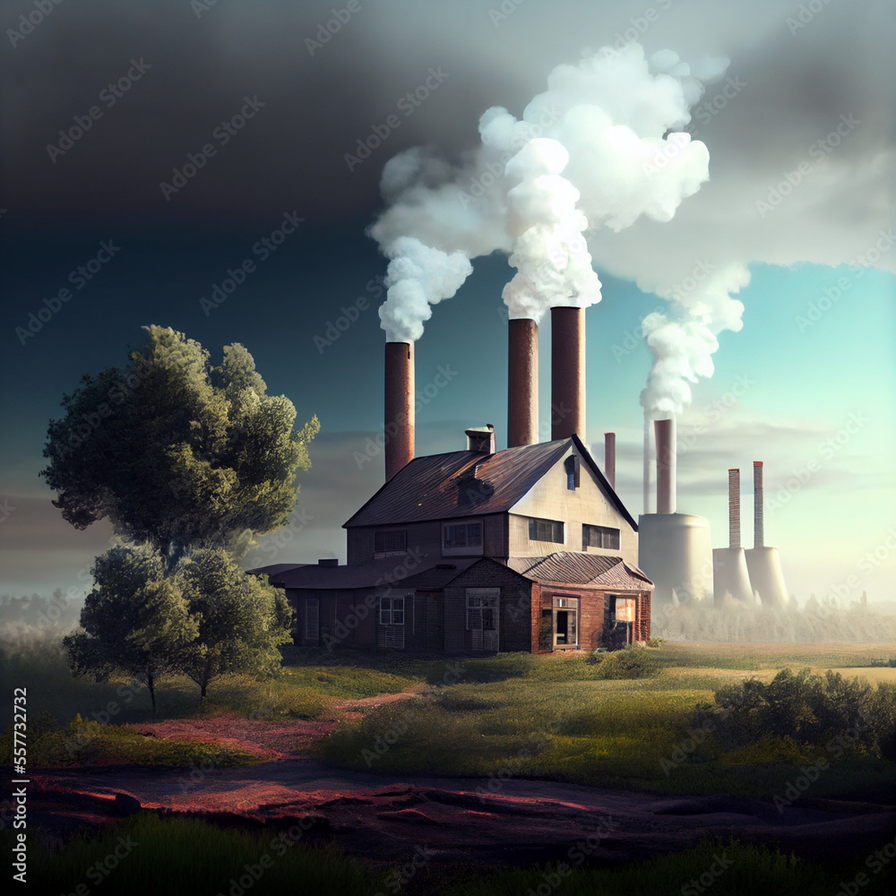 Old factory with smoke from chimney, no ecologist facotry, generative ai