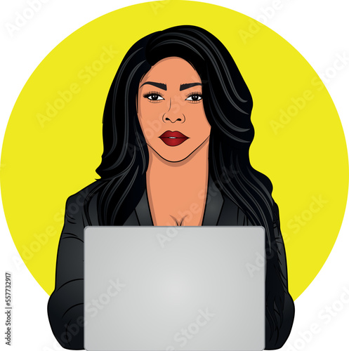 Office working laptop Business Women vector illustration girls type writer typing 