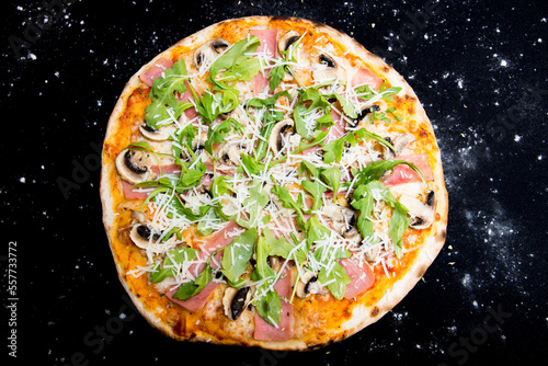 Mushroom Pizza. Neapolitan pizza with tomato sauce, cheese, ham and mushrooms. Authentic Italian recipe.