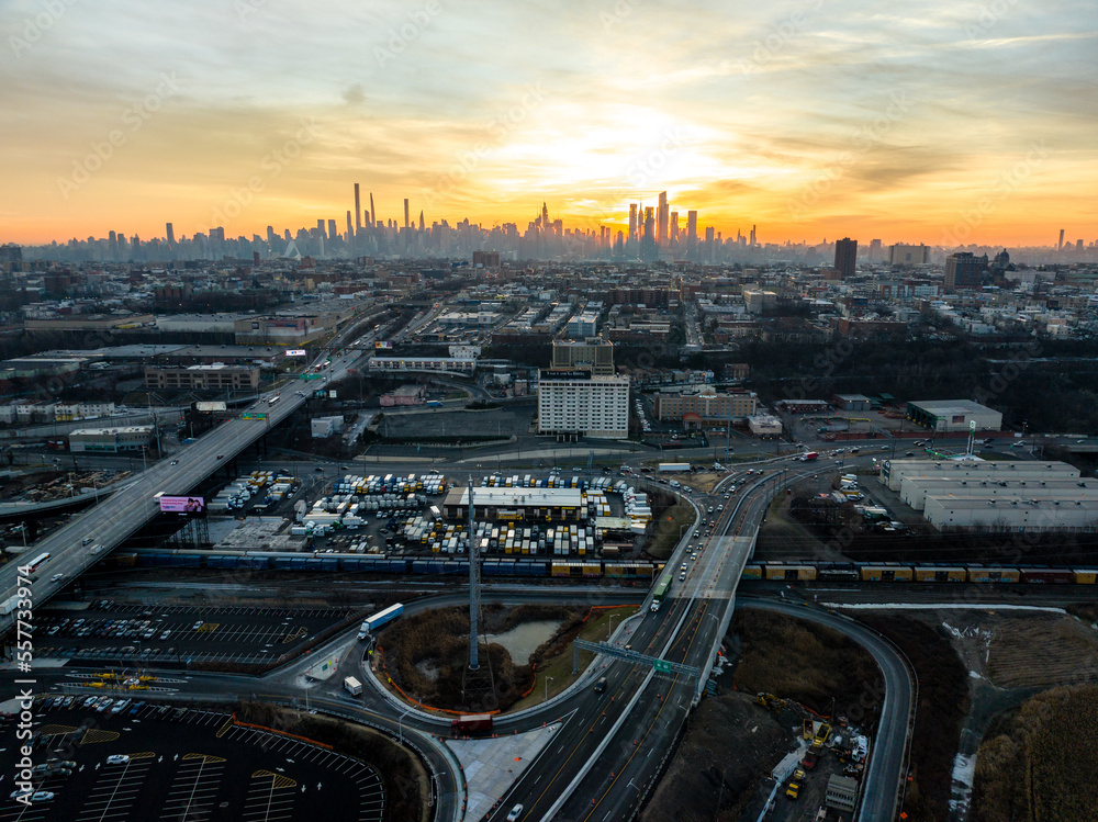 Aerial Drone of Jersey City Sunrise 