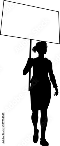 Protestor or demonstrator at a demonstration march, picket line or strike protest rally in silhouette. Holding up a banner or picket sign board placard.