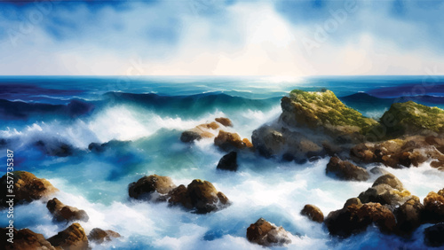 Sea Landscape Seascape Watercolor Painting Vector Illustration