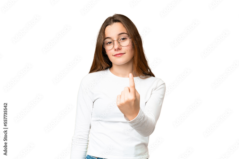 Teenager girl over isolated chroma key background doing coming gesture Teenager girl over isolated chroma key background doing coming gesture
