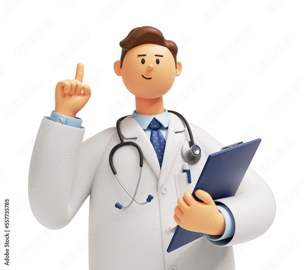 3d render. Doctor cartoon character with stethoscope and clipboard, looks at camera and gives advice. Professional consultation and recommendation 3d render. Doctor cartoon character with stethoscope and clipboard, looks at camera and gives advice. Professional consultation and recommendation