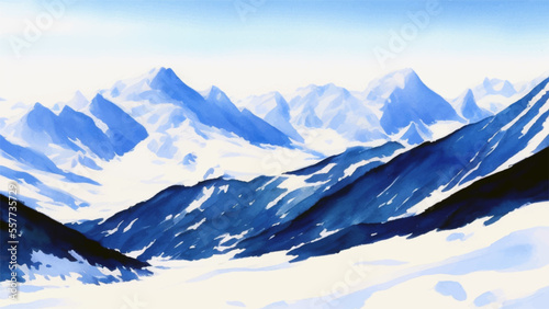 Beautiful Snowy Mountains Landscape Watercolor Painting Vector Illustration