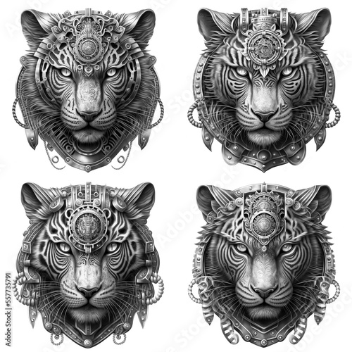 Set of Symmetrical Steampunk Tiger Head in Grayscale Sketch Style with White Background made by Generative AI