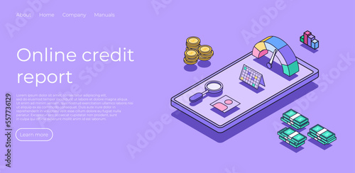 Online credit report. Credit rating with scale. Isometric object money, coin, stats, calendar. Loan history meter, scale for creditworthiness report. Landing page for credit report theme