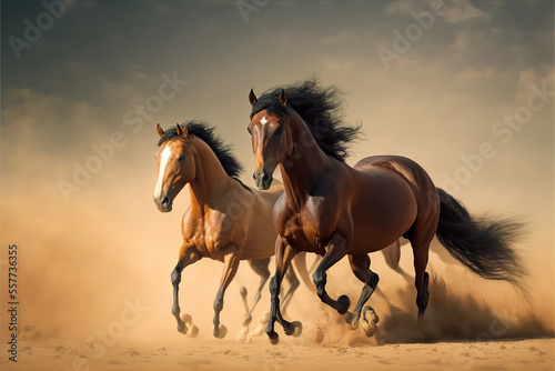 two Majestic Arabian stallion horses galloping against a dramatic desert backdrop, capturing the essence and spirit of the breed. Perfect for Arabian horse enthusiasts. generative ai  © Hassan