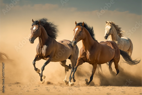 three Arabian stallion horse running in action at Sahara desert  generative ai    © Hassan