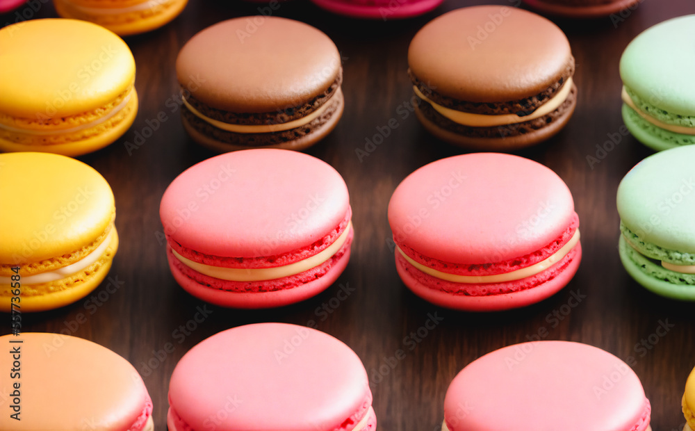 a lot of macaron with different color on wooden floor. a lot of macaron with different color on wooden floor.