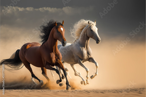 two Arabian stallion horse running in action at Sahara desert  generative ai      © Hassan