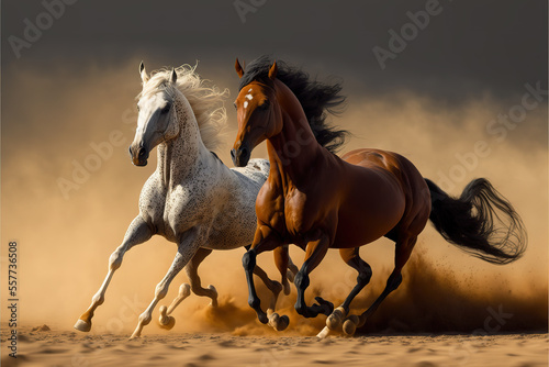 two Majestic Arabian stallion horses galloping against a dramatic desert backdrop, capturing the essence and spirit of the breed. Perfect for Arabian horse enthusiasts. generative ai    © Hassan