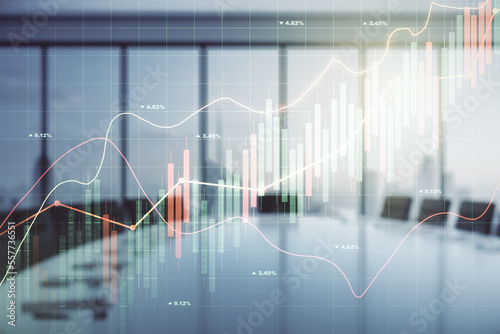 Abstract virtual financial graph hologram on a modern furnished classroom background, financial and trading concept. Multiexposure