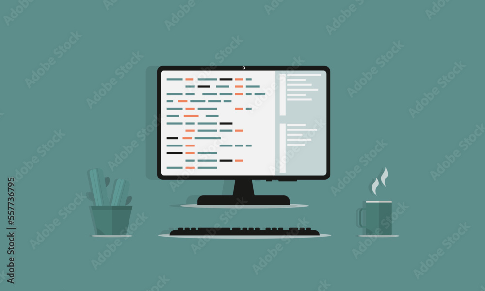 A workplace for a programmer. Computer screen with written code. Minimalist illustration A workplace for a programmer. Computer screen with written code. Minimalist illustration