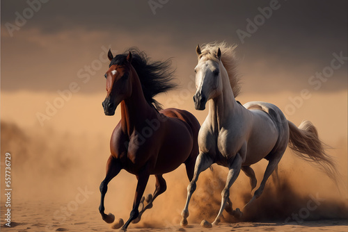 two Majestic Arabian stallion horses galloping against a dramatic desert backdrop  capturing the essence and spirit of the breed. Perfect for Arabian horse enthusiasts. generative ai   