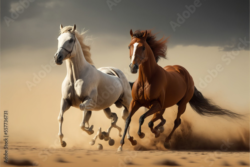 two Majestic Arabian stallion horses galloping against a dramatic desert backdrop  capturing the essence and spirit of the breed. Perfect for Arabian horse enthusiasts. generative ai  