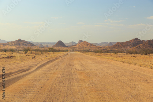 Namibian landscape along the gravel road. Damaraland, homelands in South West Africa, Namibia.
