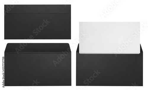 Set of black graphite envelopes (sealed, empty and with a blank paper inside), isolated on white background photo